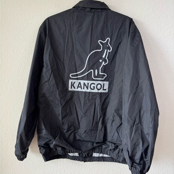 Kangol Black Snap Front Nylon Coach Jacket L Old School Windbreaker Waterproof - Picture 3 of 9